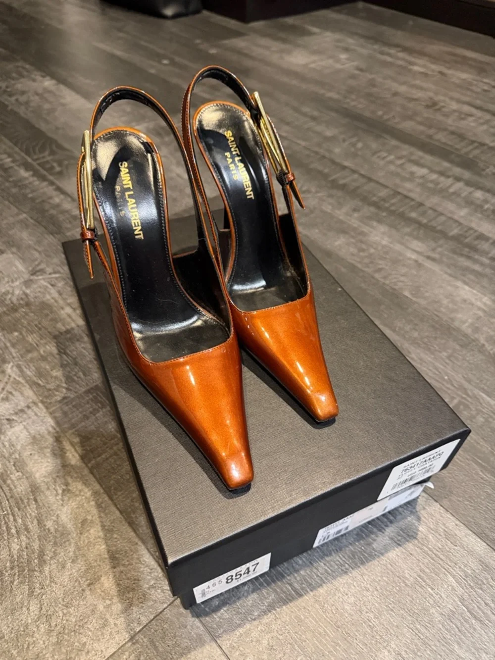 Saint Laurent Tan Leather Pointed-Toe Slingback Heels - Picture 1 of 4